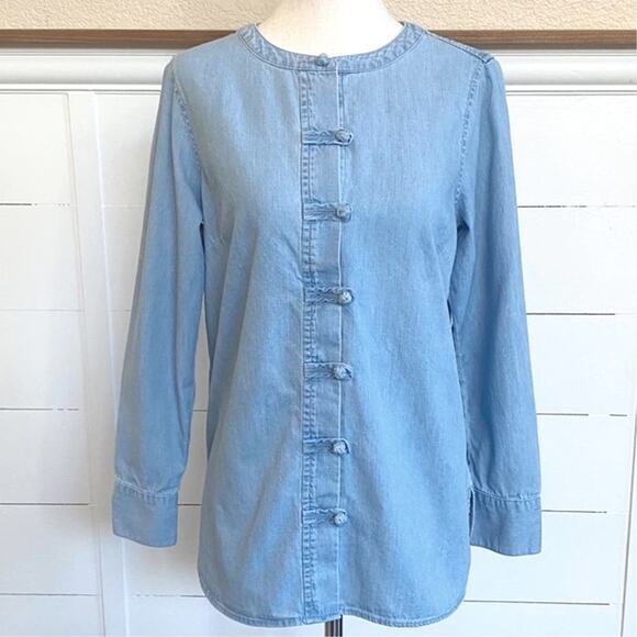 J. Jill Petite Denim Knot Button Long Sleeve Blouse Clarity Wash Petite XSP - Picture 10 of 12
